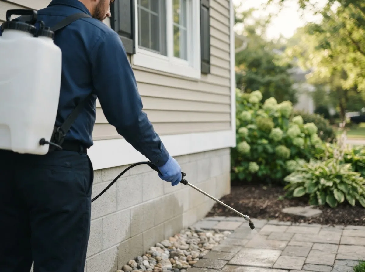 Pest control technician inspecting a home in Vona, CO